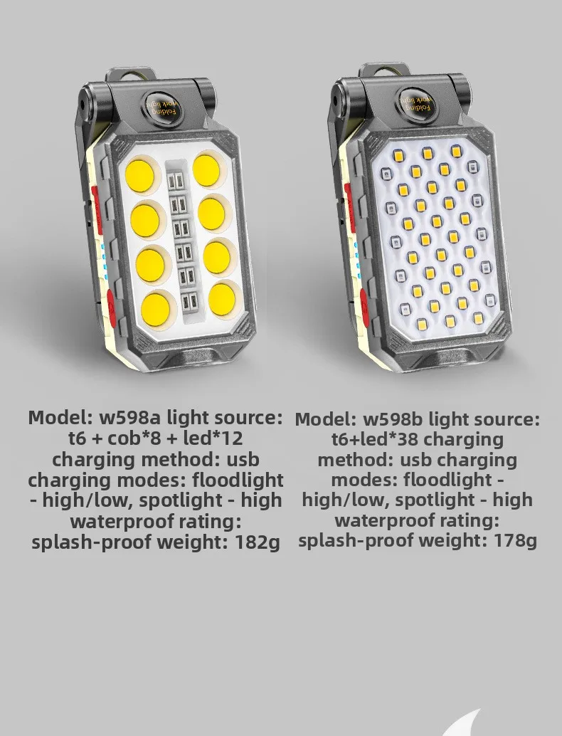 Linterna LED de Trabajo COB Recargable por USB con Gancho Magn&eacute;tico y Pantalla de Energ&iacute;a para Reparaciones de Emergencia