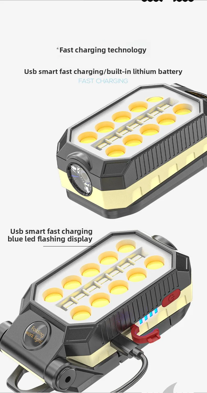 Linterna LED de Trabajo COB Recargable por USB con Gancho Magn&eacute;tico y Pantalla de Energ&iacute;a para Reparaciones de Emergencia