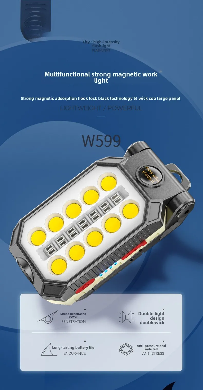 Linterna LED de Trabajo COB Recargable por USB con Gancho Magn&eacute;tico y Pantalla de Energ&iacute;a para Reparaciones de Emergencia