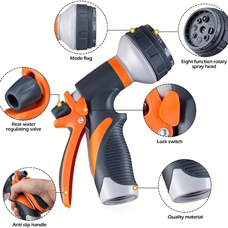 Pistola de agua para jardín con 8 patrones, boquilla para manguera, pulverizador multifuncional para uso doméstico, para lavar coches, para el jardín, tubo de agua, boquilla, herramientas para rociar. Pistola de agua para jardín con 8 patrones, boquilla para manguera, pulverizador multifuncional para uso doméstico, para lavar coches, para el jardín, tubo de agua, boquilla, herramientas para rociar.