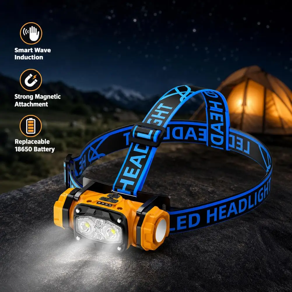 Mini linterna frontal LED impermeable de 4,4W recargable con 6 modos de iluminaci&oacute;n para camping, caza, pesca y correr.