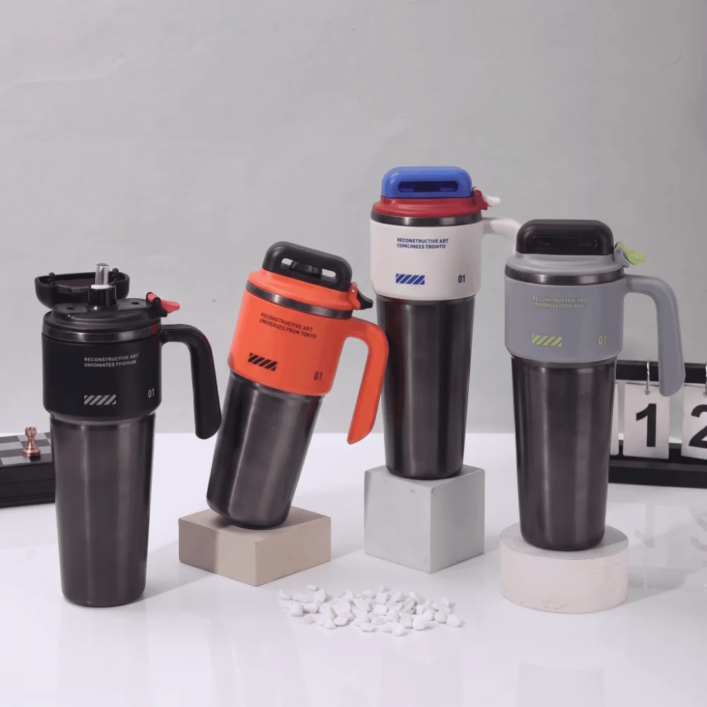 Botella Deportiva Aislada de Acero Inoxidable 304, Gran Capacidad, con Pajita Integrada, Botella de Agua Aislada, Dispensador de Hielo para Coche