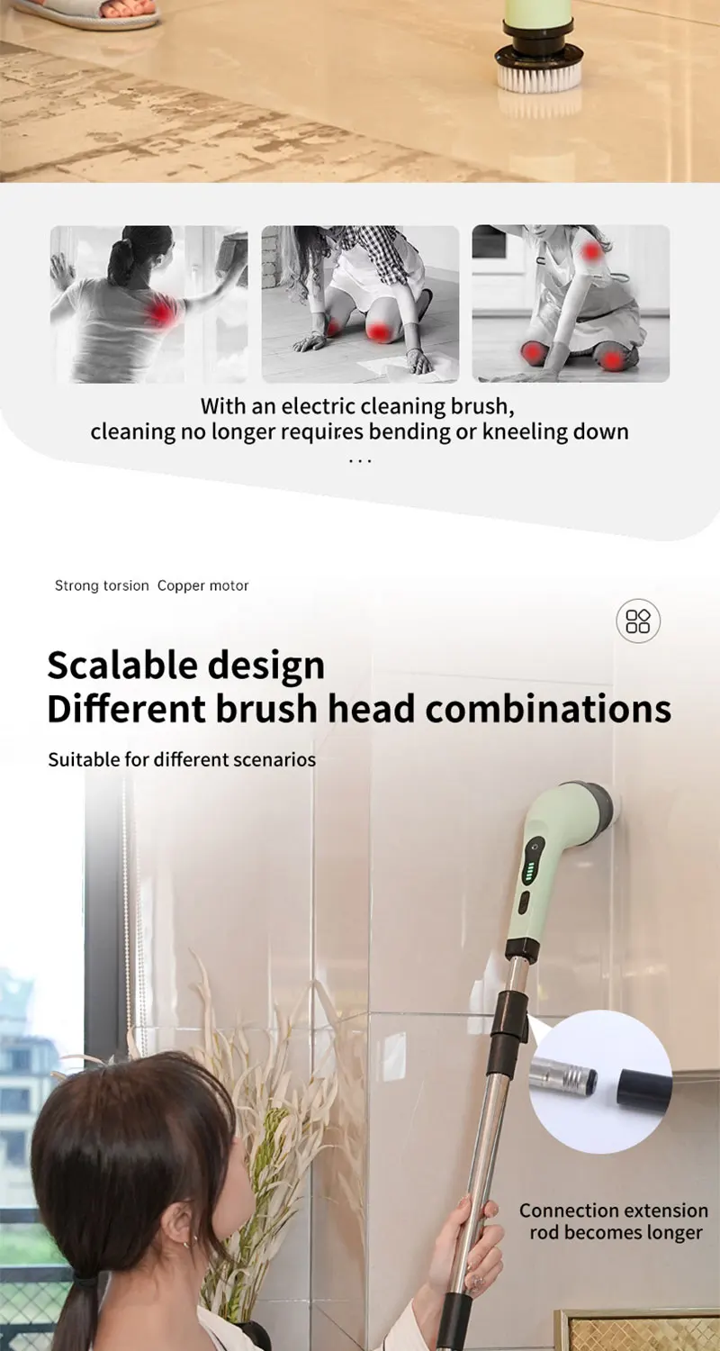 Cepillo de limpieza el&eacute;ctrico giratorio 9 en 1, cepillo de limpieza inal&aacute;mbrico para ducha &ndash; Mango extensible ajustable, impermeable para ba&ntilde;era, azulejos y suelo
