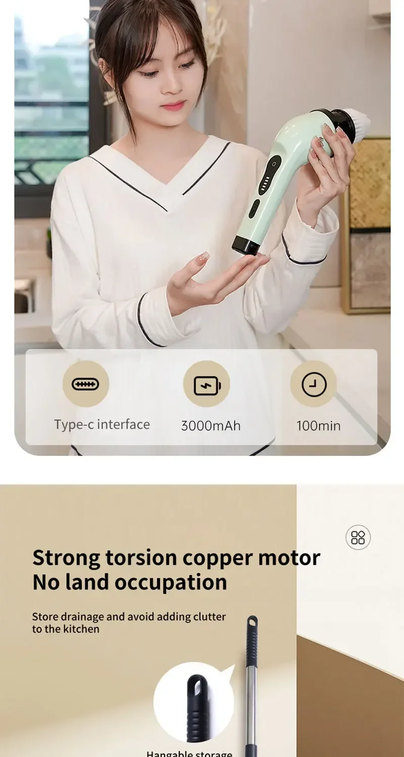 Cepillo de limpieza el&eacute;ctrico giratorio 9 en 1, cepillo de limpieza inal&aacute;mbrico para ducha &ndash; Mango extensible ajustable, impermeable para ba&ntilde;era, azulejos y suelo