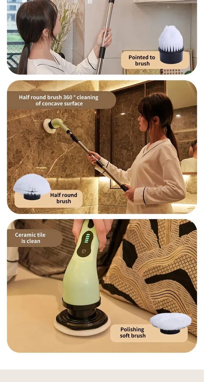 Cepillo de limpieza el&eacute;ctrico giratorio 9 en 1, cepillo de limpieza inal&aacute;mbrico para ducha &ndash; Mango extensible ajustable, impermeable para ba&ntilde;era, azulejos y suelo