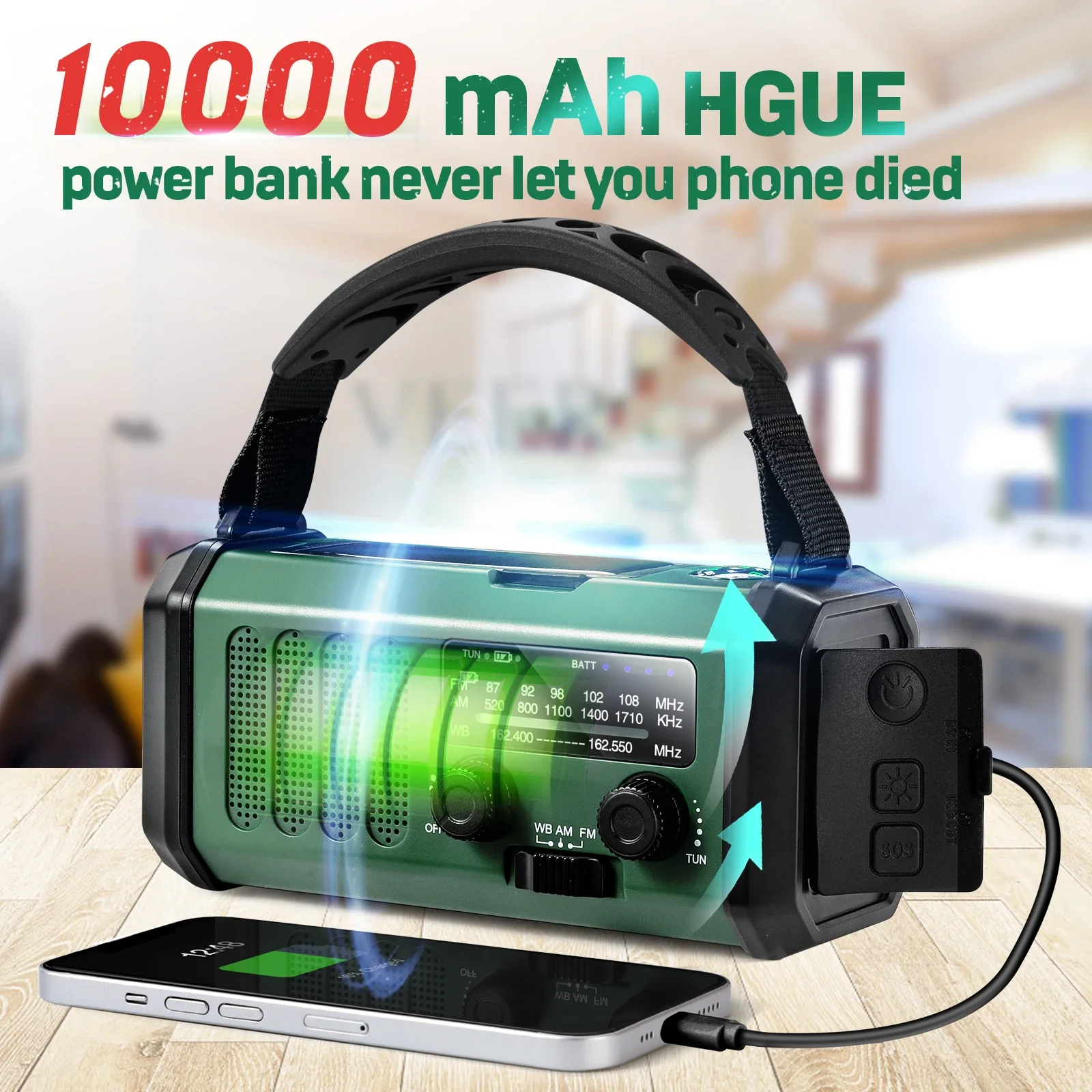 Radio Meteorol&oacute;gica de emergencia con manivela Solar port&aacute;til, AM/FM/NOAA, con linterna y l&aacute;mpara de lectura, SOS, para el hogar y al aire libre, 10000mAh