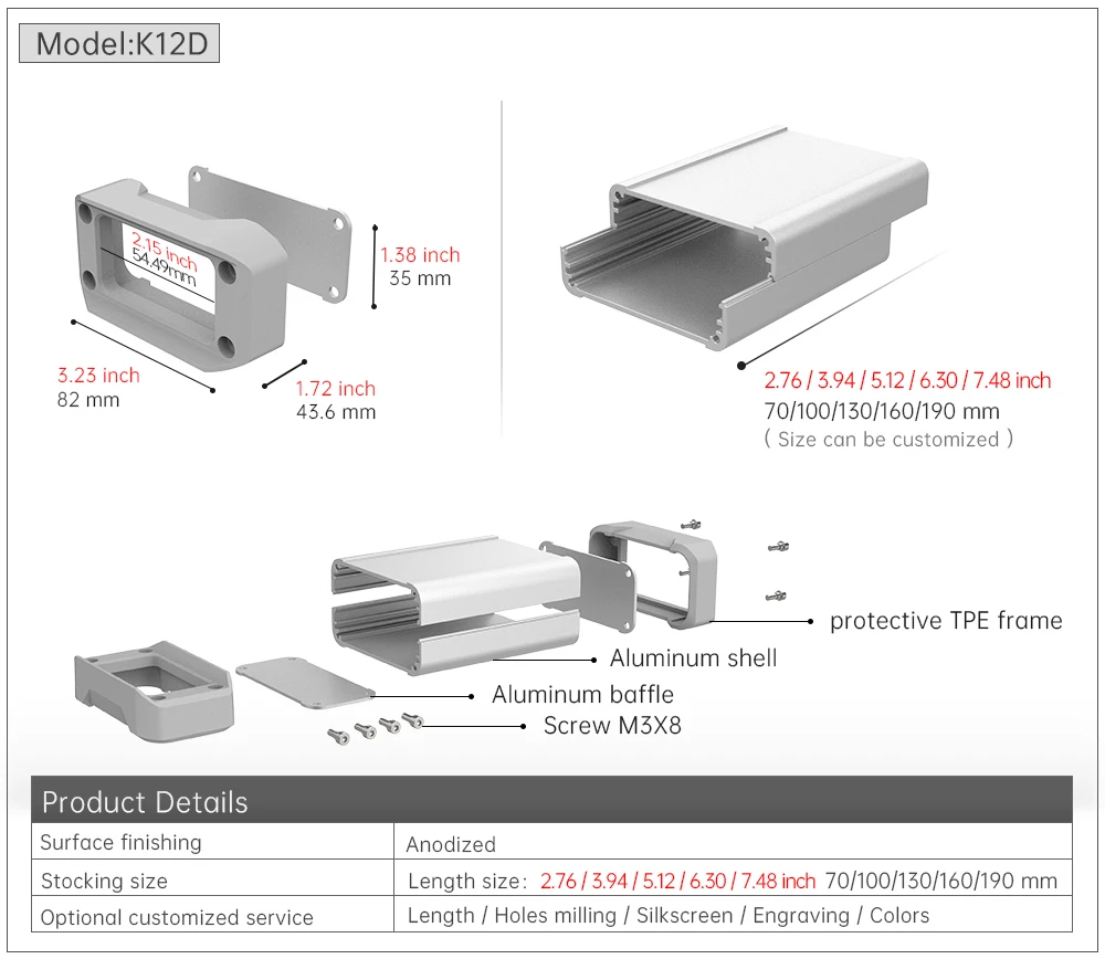 Fuente de alimentación portátil, carcasa de batería, instrumento Bluetooth para exteriores, caja electrónica personalizada, carcasa de aluminio K12D 75*35MM Fuente de alimentación portátil, carcasa de batería, instrumento Bluetooth para exteriores, caja electrónica personalizada, carcasa de aluminio K12D 75*35MM
