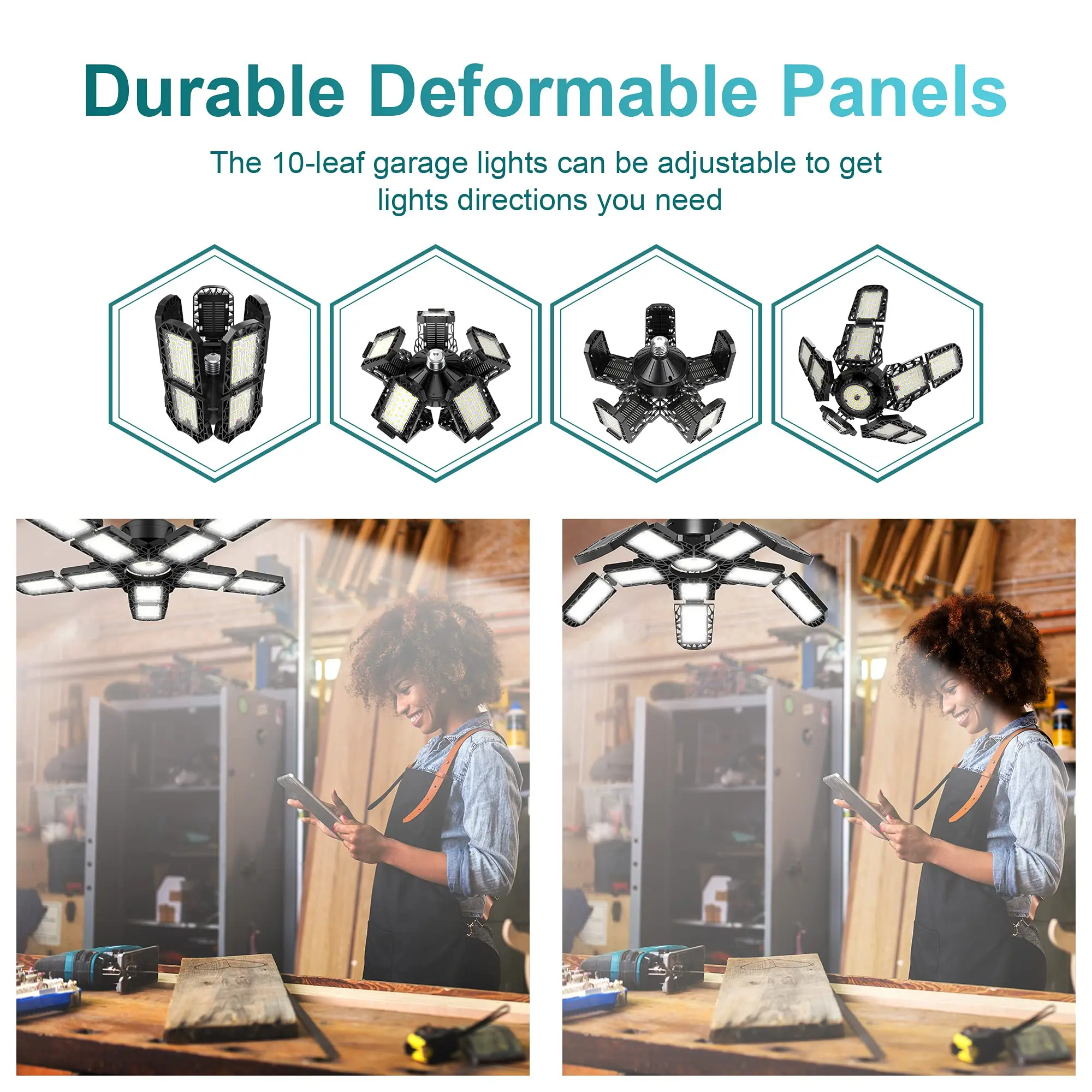 Luz LED para garaje con 5/8/10 paneles ajustables, iluminaci&oacute;n de techo superbrillante E27/E26, luz de trabajo para s&oacute;tano, taller y almac&eacute;n