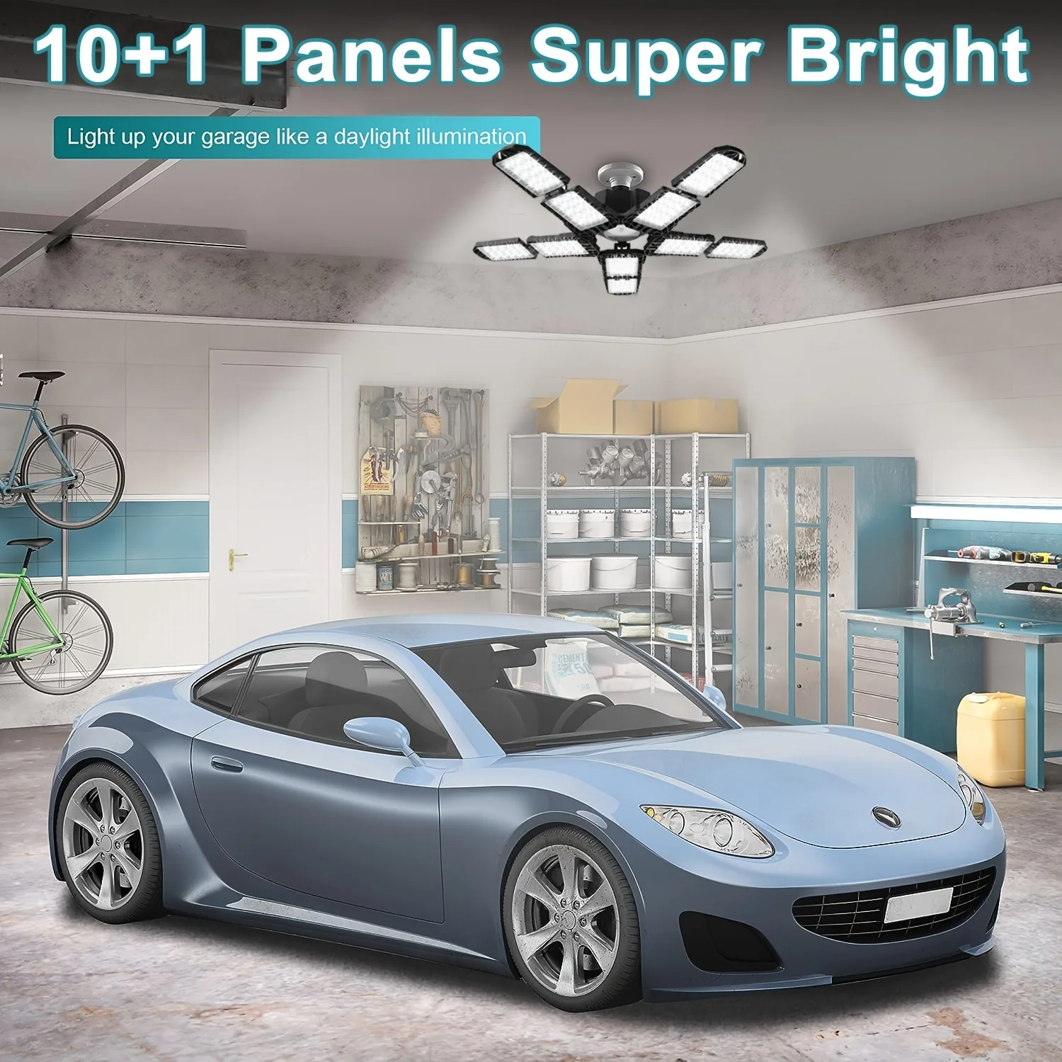 Luz LED para garaje con 5/8/10 paneles ajustables, iluminaci&oacute;n de techo superbrillante E27/E26, luz de trabajo para s&oacute;tano, taller y almac&eacute;n