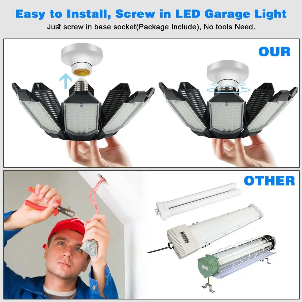Luz LED para garaje con 5/8/10 paneles ajustables, iluminaci&oacute;n de techo superbrillante E27/E26, luz de trabajo para s&oacute;tano, taller y almac&eacute;n
