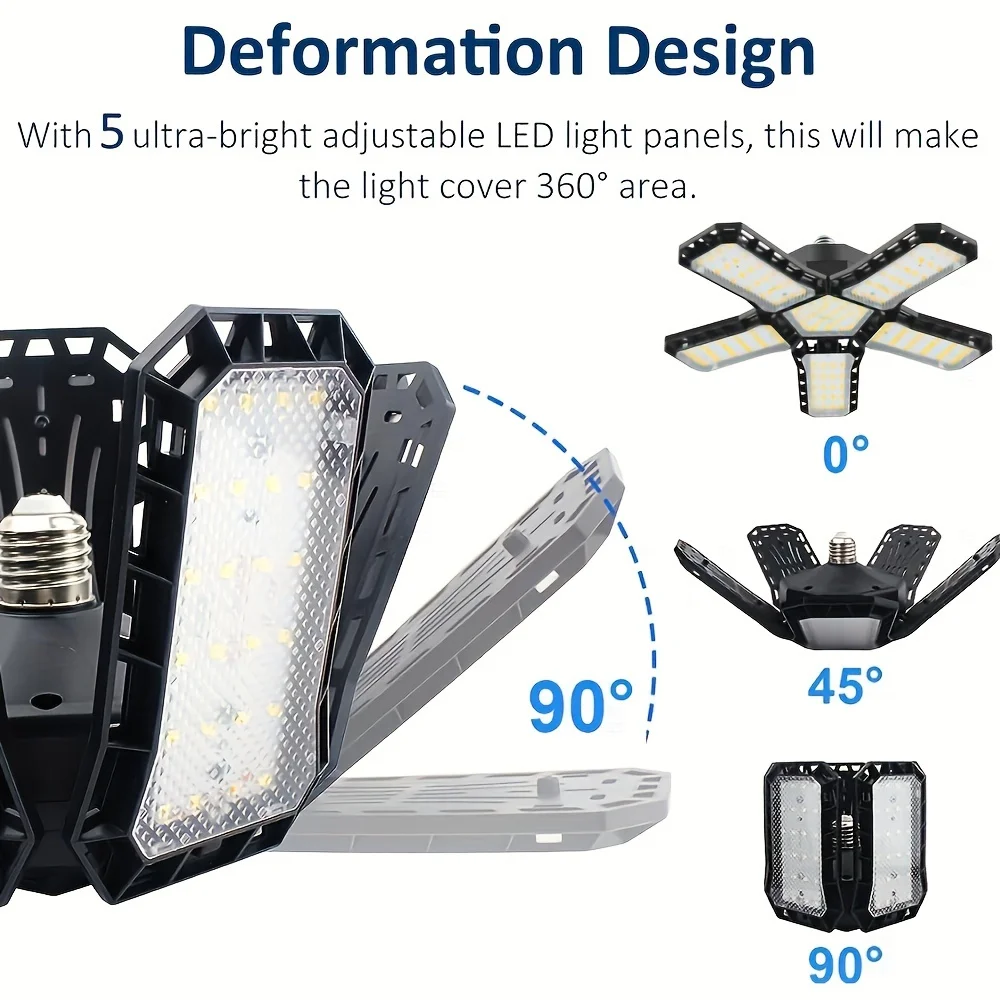 Luz LED para garaje con 5/8/10 paneles ajustables, iluminaci&oacute;n de techo superbrillante E27/E26, luz de trabajo para s&oacute;tano, taller y almac&eacute;n