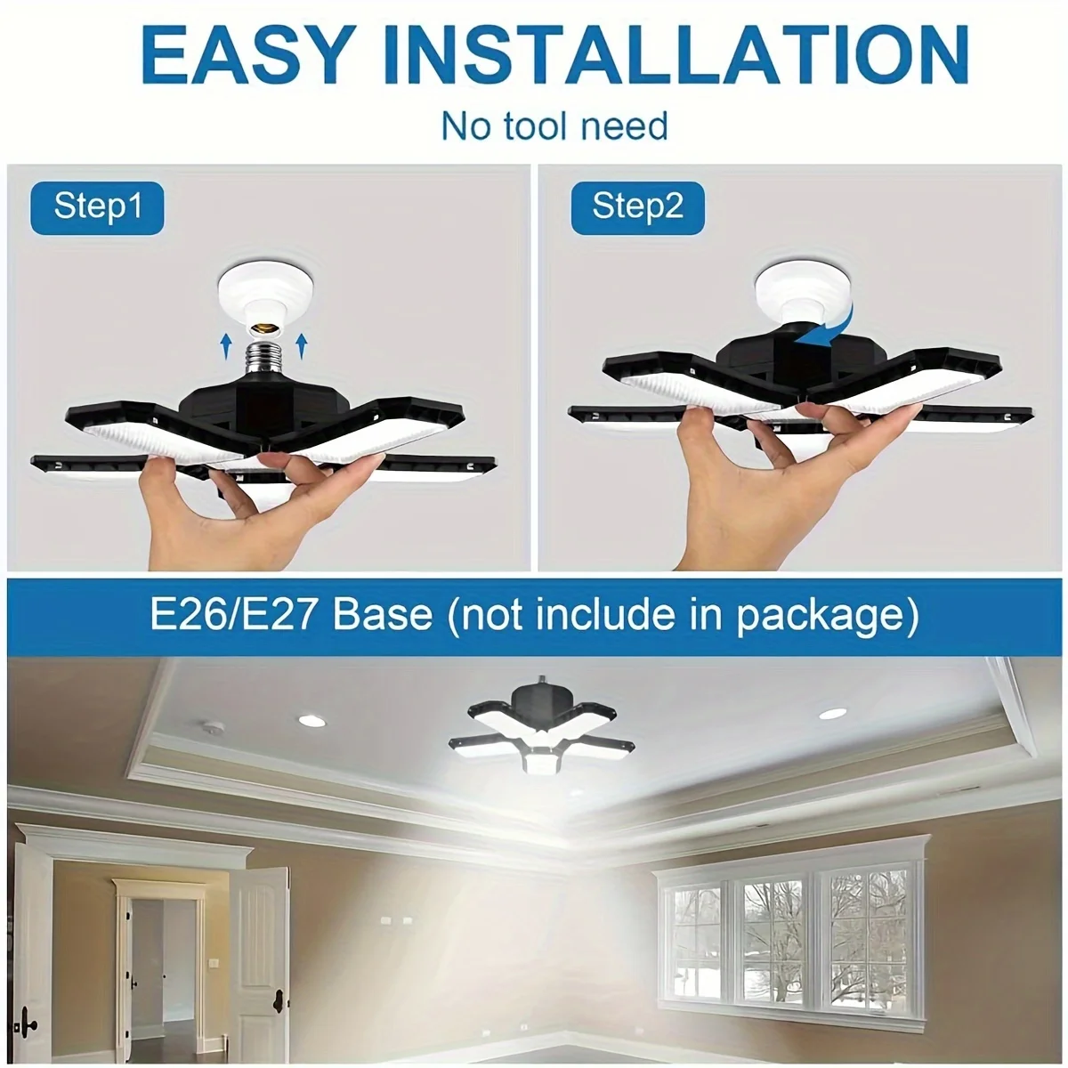 Luz LED para garaje con 5/8/10 paneles ajustables, iluminaci&oacute;n de techo superbrillante E27/E26, luz de trabajo para s&oacute;tano, taller y almac&eacute;n