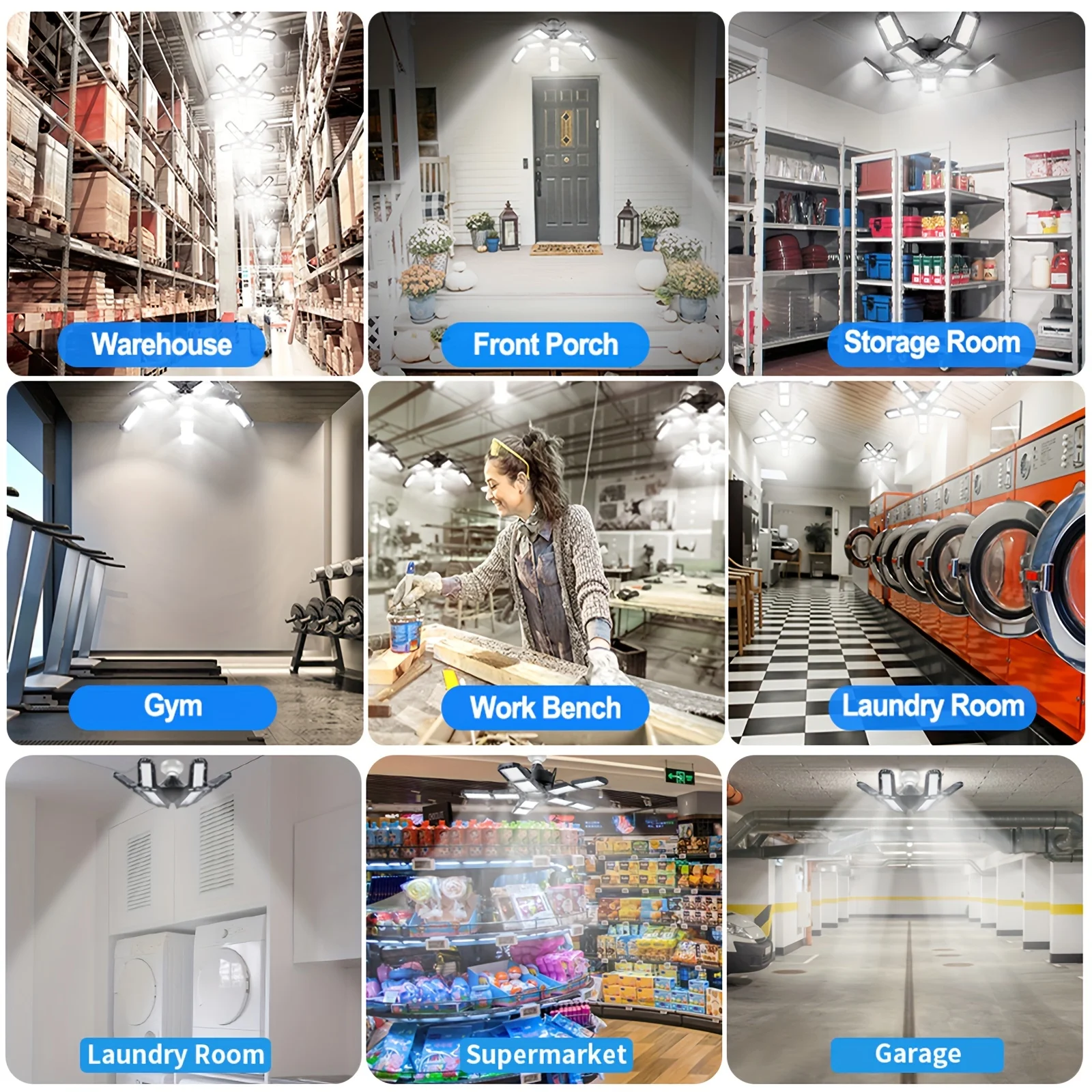 Luz LED para garaje con 5/8/10 paneles ajustables, iluminaci&oacute;n de techo superbrillante E27/E26, luz de trabajo para s&oacute;tano, taller y almac&eacute;n