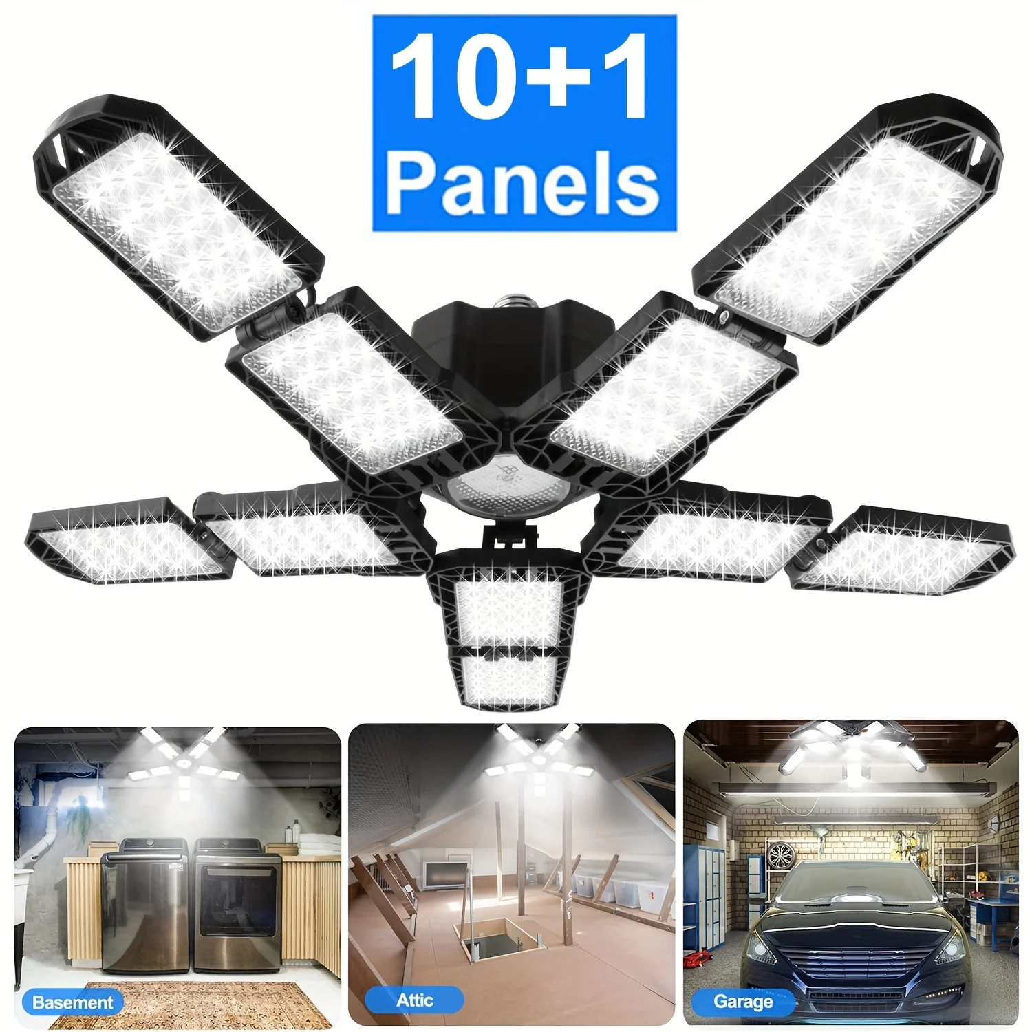 Luz LED para garaje con 5/8/10 paneles ajustables, iluminaci&oacute;n de techo superbrillante E27/E26, luz de trabajo para s&oacute;tano, taller y almac&eacute;n