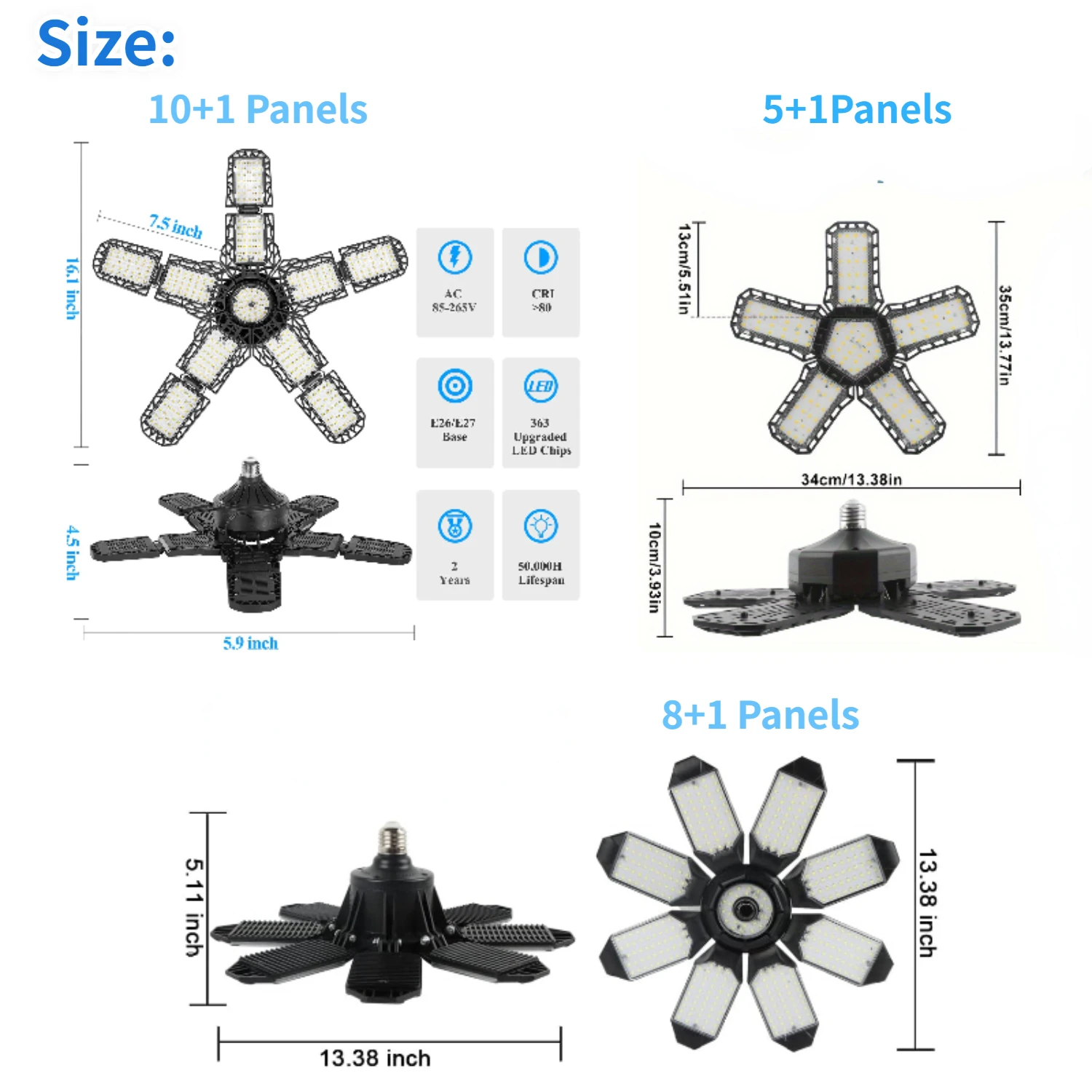 Luz LED para garaje con 5/8/10 paneles ajustables, iluminaci&oacute;n de techo superbrillante E27/E26, luz de trabajo para s&oacute;tano, taller y almac&eacute;n