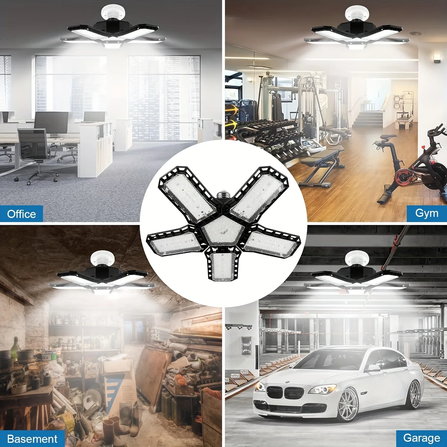 Luz LED para garaje con 5/8/10 paneles ajustables, iluminaci&oacute;n de techo superbrillante E27/E26, luz de trabajo para s&oacute;tano, taller y almac&eacute;n