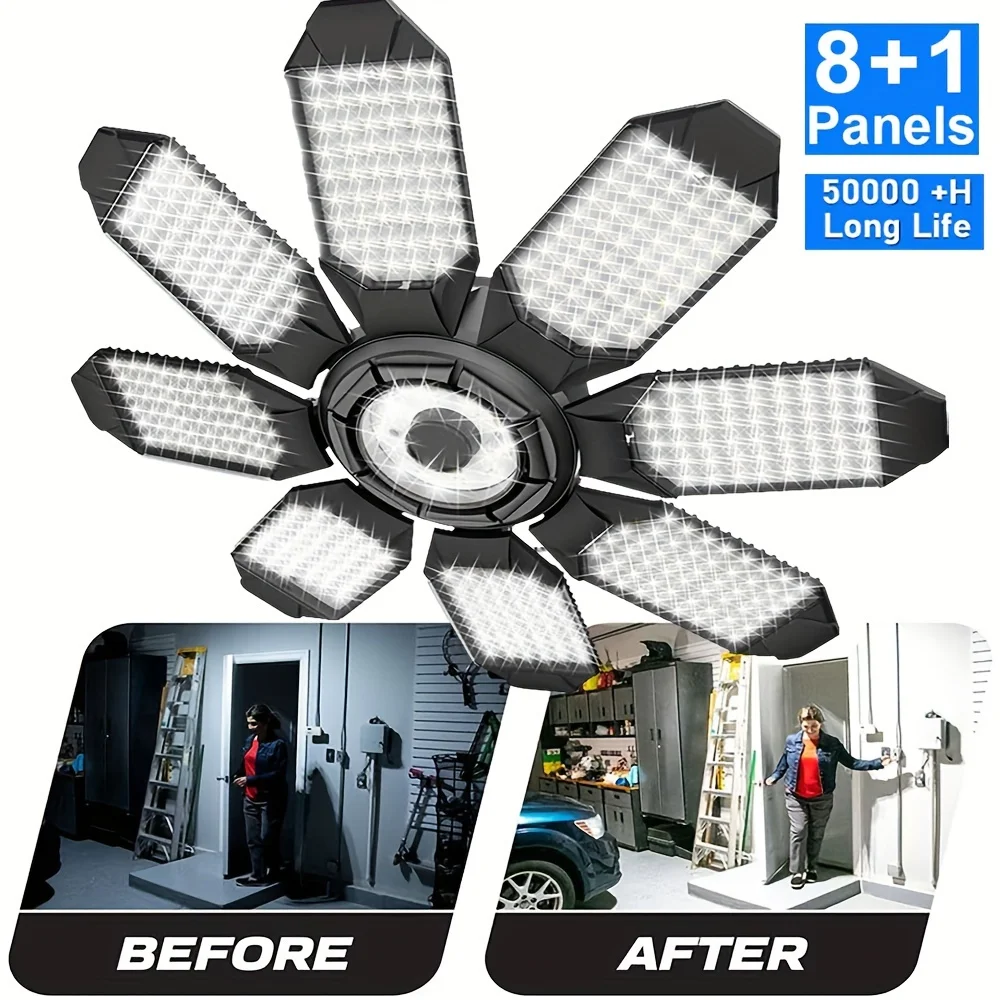 Luz LED para garaje con 5/8/10 paneles ajustables, iluminaci&oacute;n de techo superbrillante E27/E26, luz de trabajo para s&oacute;tano, taller y almac&eacute;n