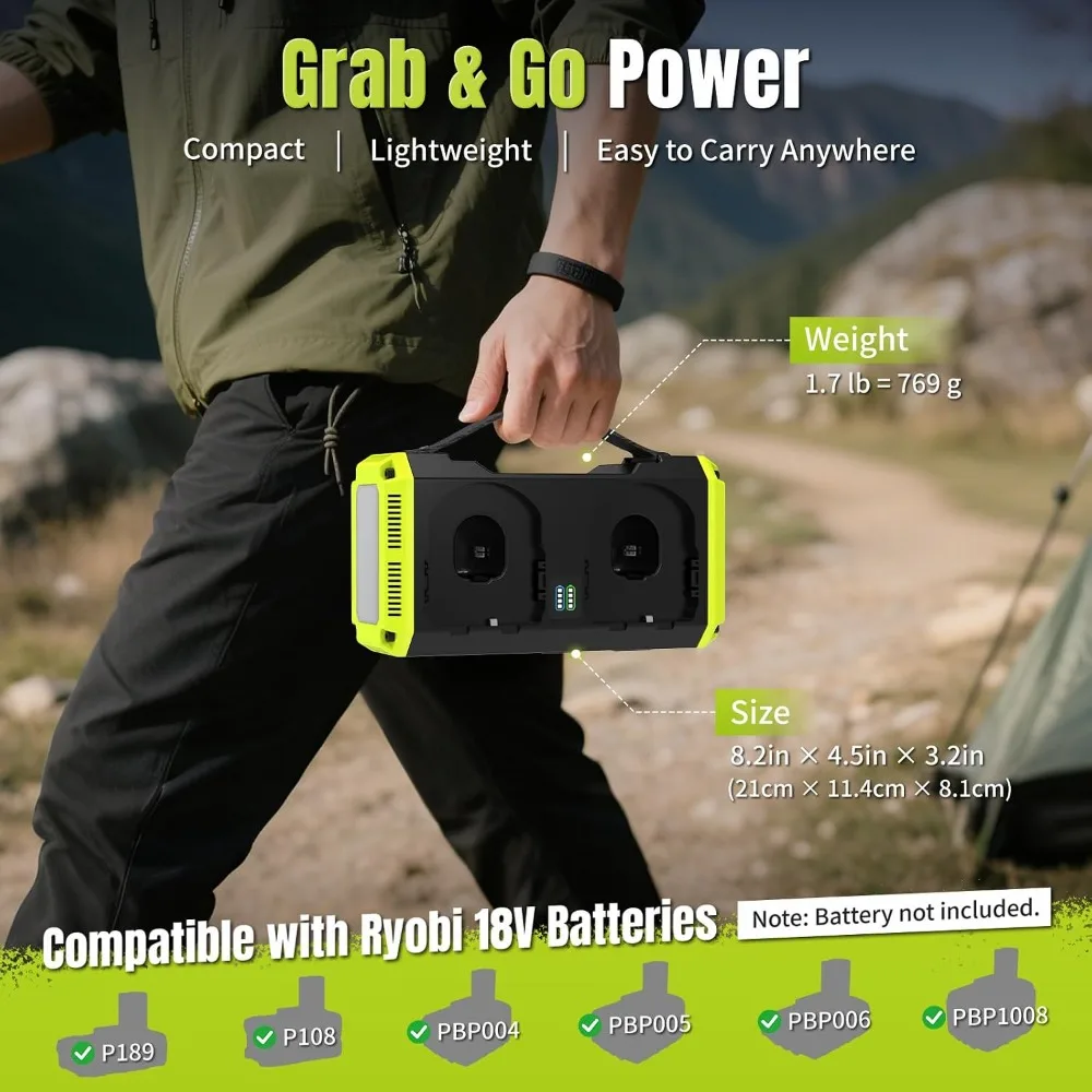 Inversor de Onda Sinusoidal Pura de 350W Compatible con Bater&iacute;a Ryobi de 18V | Interruptor autom&aacute;tico de doble bater&iacute;a, bater&iacute;a no incluida