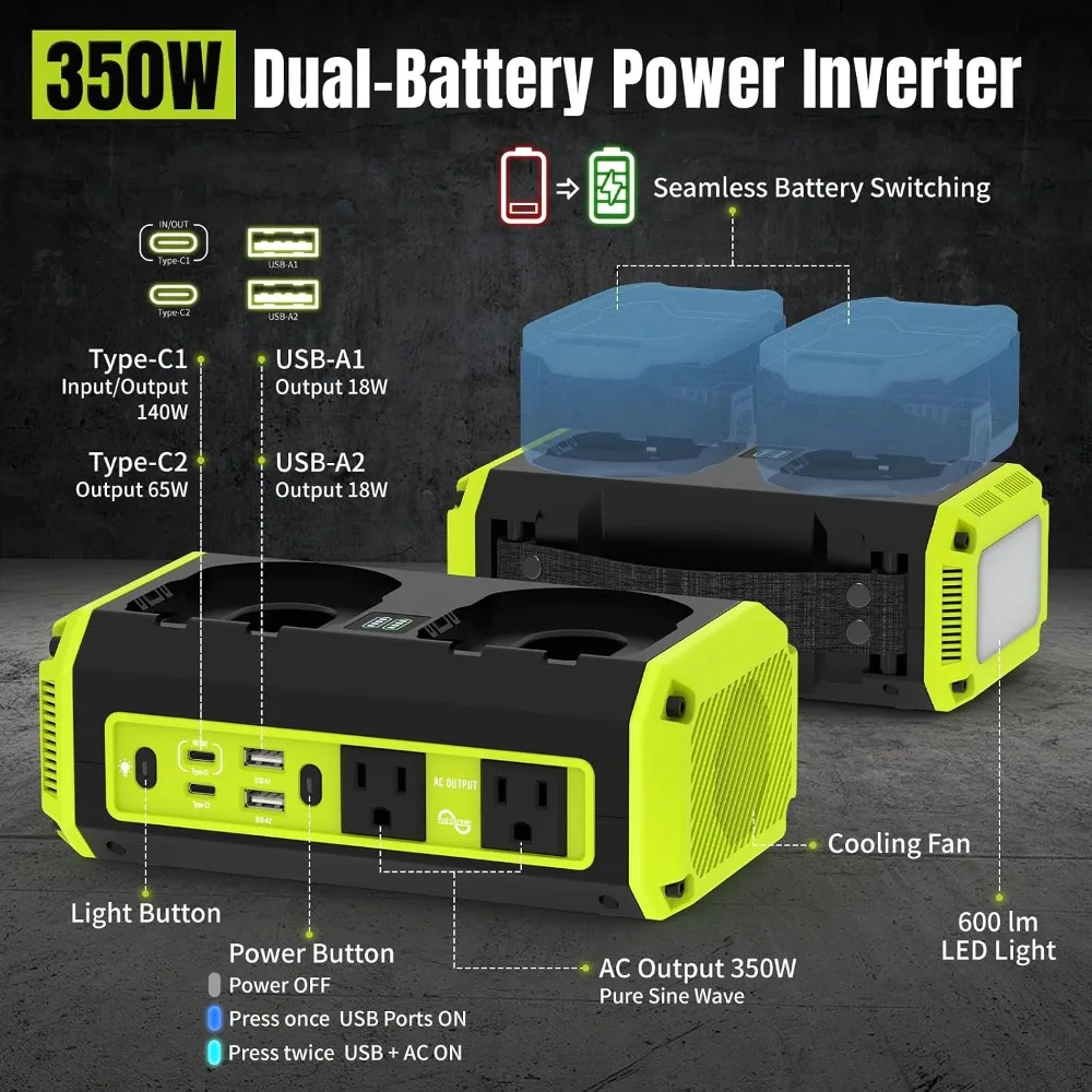 Inversor de Onda Sinusoidal Pura de 350W Compatible con Bater&iacute;a Ryobi de 18V | Interruptor autom&aacute;tico de doble bater&iacute;a, bater&iacute;a no incluida