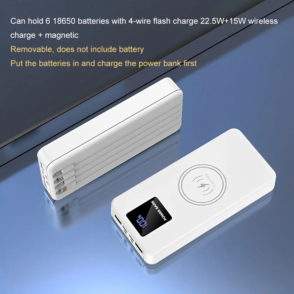 Estuche de almacenamiento de bater&iacute;a de 22,5 W + 15W, carcasa de Banco de energ&iacute;a de carga r&aacute;pida QC3.0, caja de Banco de energ&iacute;a magn&eacute;tica desmontable, 6x18650