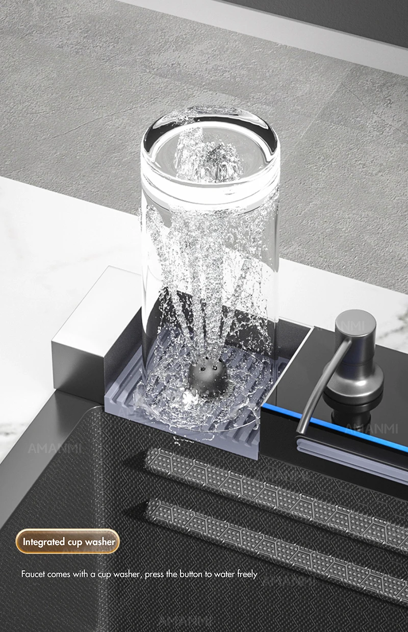 Fregadero de cocina de cascada de acero inoxidable 304, juego de grifer&iacute;a con pantalla digital integrada de ranura &uacute;nica grande, dispensador de jab&oacute;n, lavadora de tazas