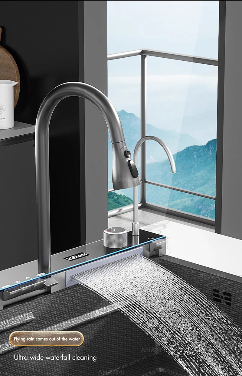Fregadero de cocina de cascada de acero inoxidable 304, juego de grifer&iacute;a con pantalla digital integrada de ranura &uacute;nica grande, dispensador de jab&oacute;n, lavadora de tazas