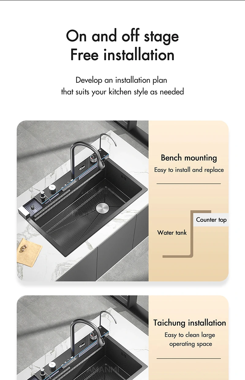 Fregadero de cocina de cascada de acero inoxidable 304, juego de grifer&iacute;a con pantalla digital integrada de ranura &uacute;nica grande, dispensador de jab&oacute;n, lavadora de tazas