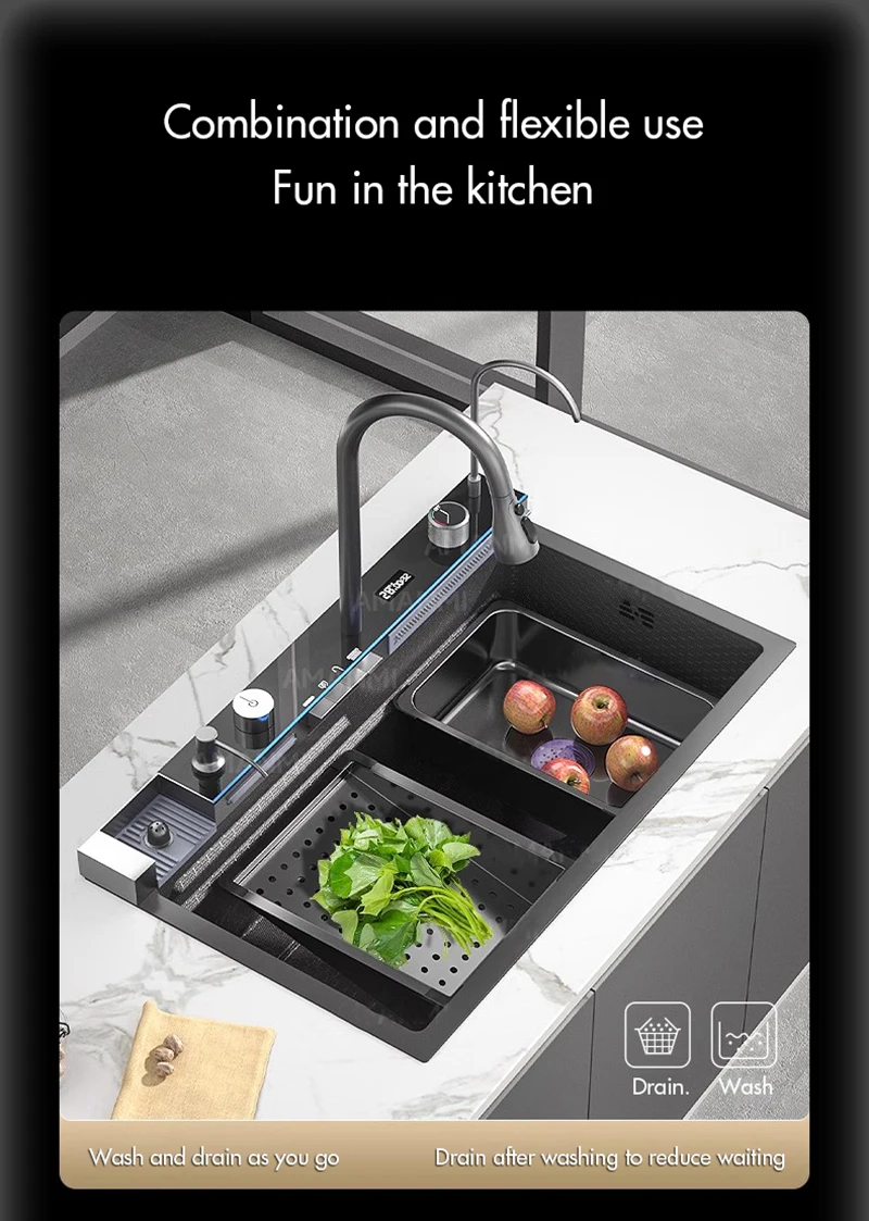 Fregadero de cocina de cascada de acero inoxidable 304, juego de grifer&iacute;a con pantalla digital integrada de ranura &uacute;nica grande, dispensador de jab&oacute;n, lavadora de tazas