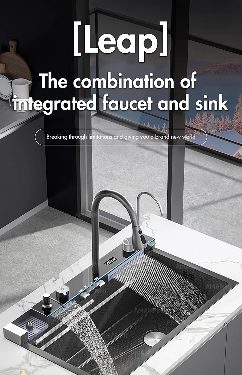 Fregadero de cocina de cascada de acero inoxidable 304, juego de grifer&iacute;a con pantalla digital integrada de ranura &uacute;nica grande, dispensador de jab&oacute;n, lavadora de tazas