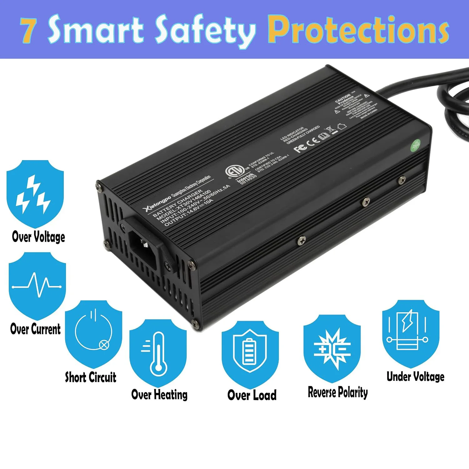 Cargador de bater&iacute;a LiFePO4 de 14.6V 10A, cargador inteligente de litio de 12V para 4 celdas con protecci&oacute;n contra chispas y PFC activo, amplio rango de 90-264V CA para RV/ciclo profundo, conector And