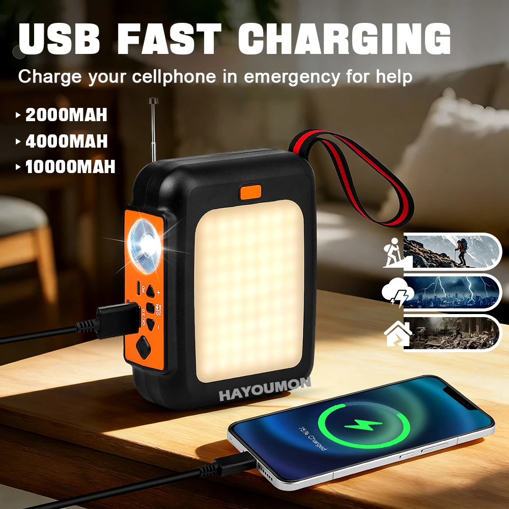 Radio Solar de emergencia port&aacute;til, manivela de carga, Banco de energ&iacute;a de 10000mAh, Radio multibanda FM, linterna LED, altavoz BT