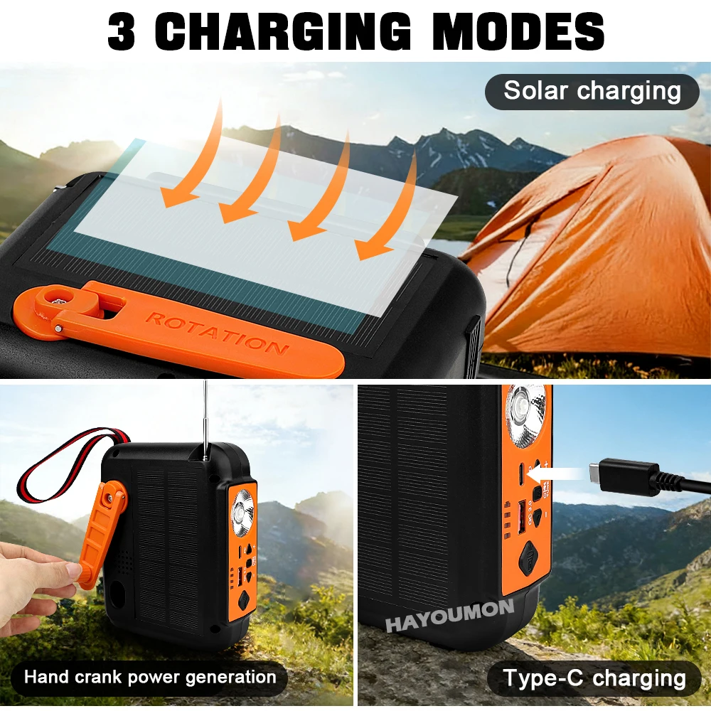 Radio Solar de emergencia port&aacute;til, manivela de carga, Banco de energ&iacute;a de 10000mAh, Radio multibanda FM, linterna LED, altavoz BT