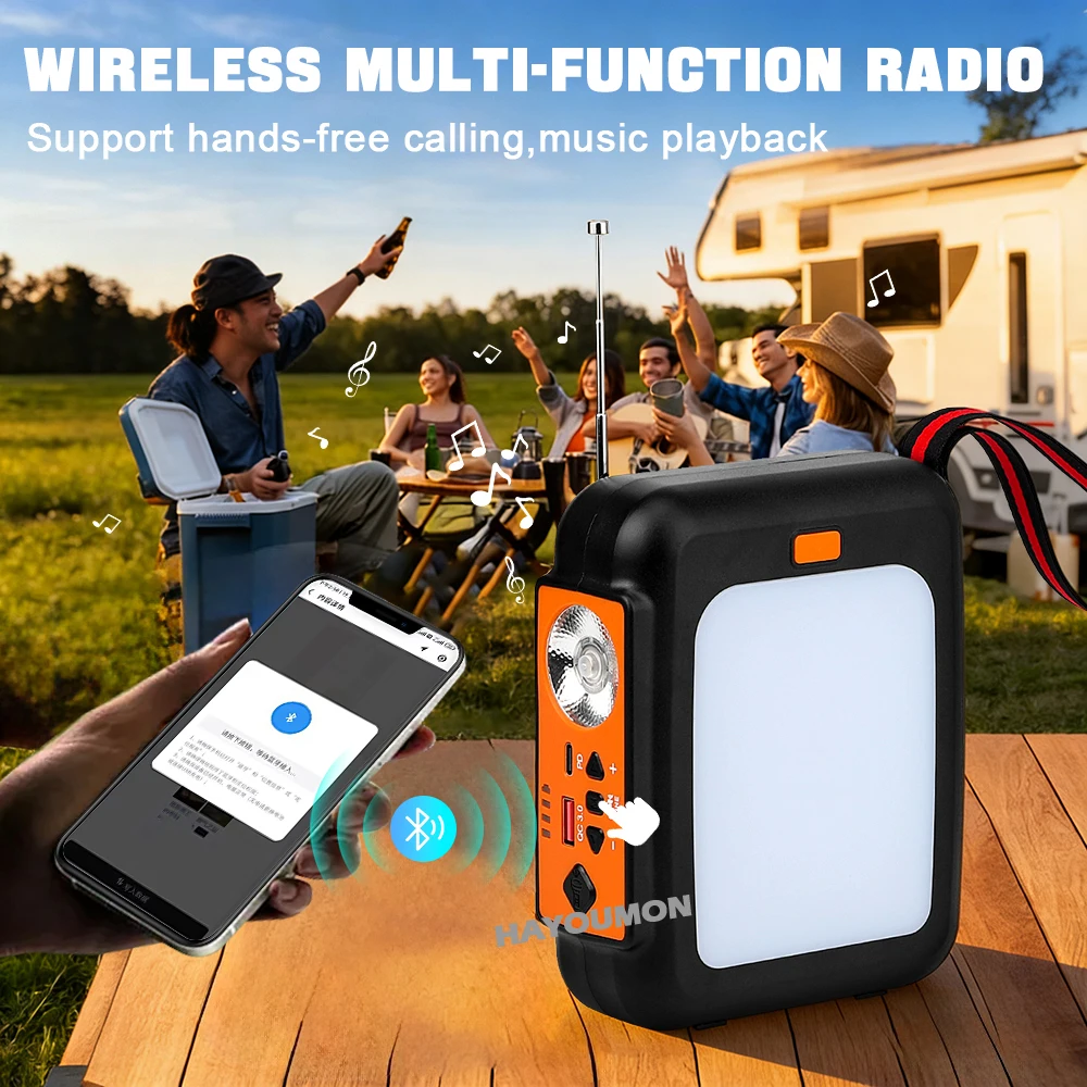 Radio Solar de emergencia port&aacute;til, manivela de carga, Banco de energ&iacute;a de 10000mAh, Radio multibanda FM, linterna LED, altavoz BT