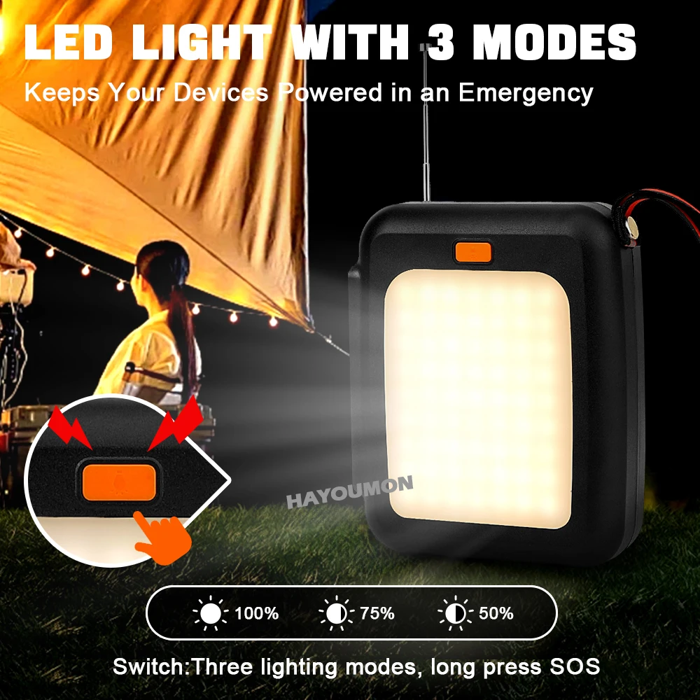 Radio Solar de emergencia port&aacute;til, manivela de carga, Banco de energ&iacute;a de 10000mAh, Radio multibanda FM, linterna LED, altavoz BT