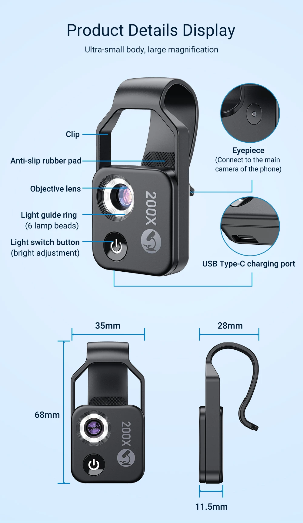 APEXEL-lente de microscopio 200X para tel&eacute;fono m&oacute;vil, lente Macro con filtro CPL, luz LED, c&aacute;mara HD, lente de aumento, accesorios para tel&eacute;fono
