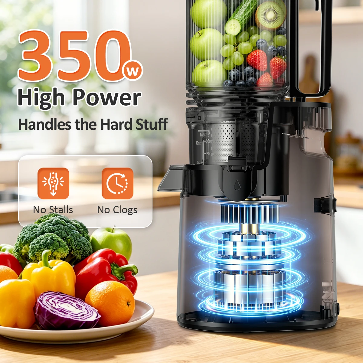 Extractor de jugo de prensado en fr&iacute;o y masticaci&oacute;n lenta, extractor de jugo de frutas enteras con tolva de alimentaci&oacute;n extra ancha de 5,4 pulgadas, extractor de jugo de prensado en fr&iacute;o silencioso y