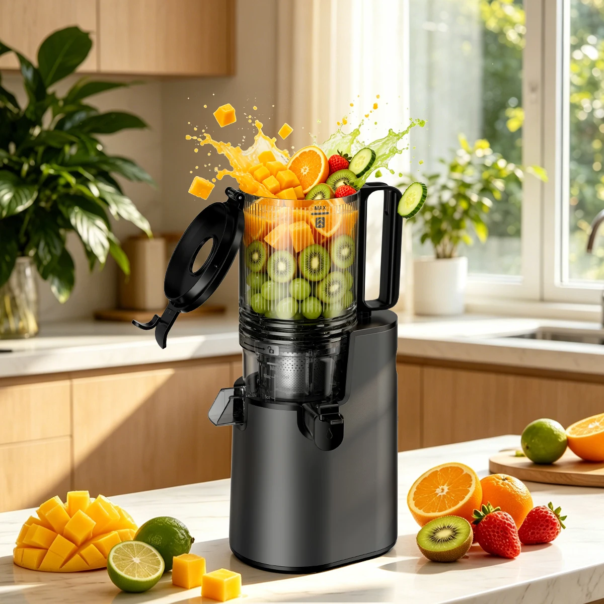 Extractor de jugo de prensado en fr&iacute;o y masticaci&oacute;n lenta, extractor de jugo de frutas enteras con tolva de alimentaci&oacute;n extra ancha de 5,4 pulgadas, extractor de jugo de prensado en fr&iacute;o silencioso y