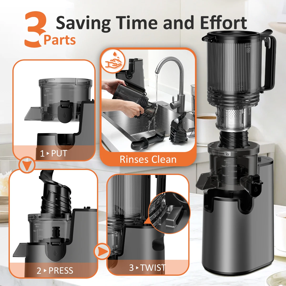 Extractor de jugo de prensado en fr&iacute;o y masticaci&oacute;n lenta, extractor de jugo de frutas enteras con tolva de alimentaci&oacute;n extra ancha de 5,4 pulgadas, extractor de jugo de prensado en fr&iacute;o silencioso y