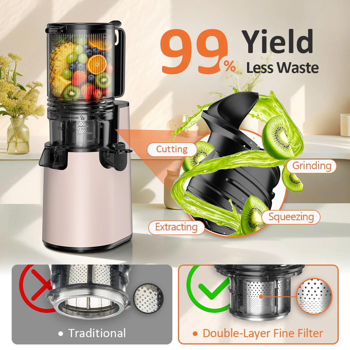 Extractor de jugo de prensado en fr&iacute;o y masticaci&oacute;n lenta, extractor de jugo de frutas enteras con tolva de alimentaci&oacute;n extra ancha de 5,4 pulgadas, extractor de jugo de prensado en fr&iacute;o silencioso y