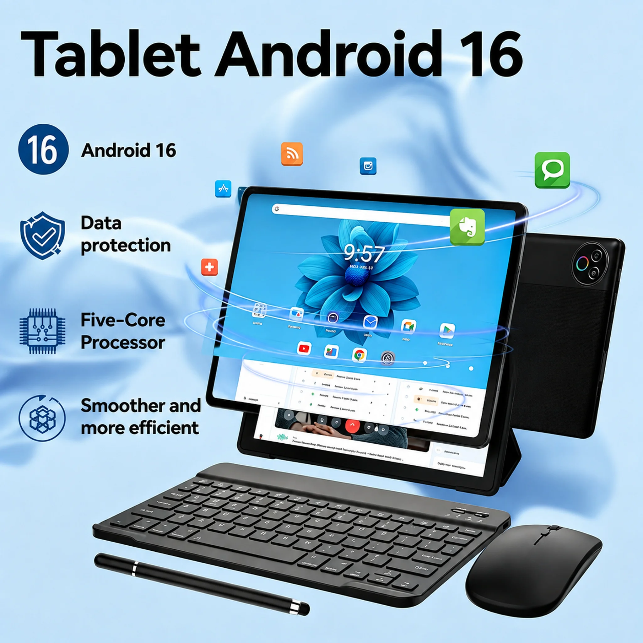 Tablet PC Android 16 de 10.1 pulgadas, incluye l&aacute;piz &oacute;ptico, teclado, rat&oacute;n y auriculares, 20GB (3+17 expansi&oacute;n) de RAM, 64GB de ROM, procesador de cinco n&uacute;cleos A333, WiFi6, Widevine L1, 6000mAh, des