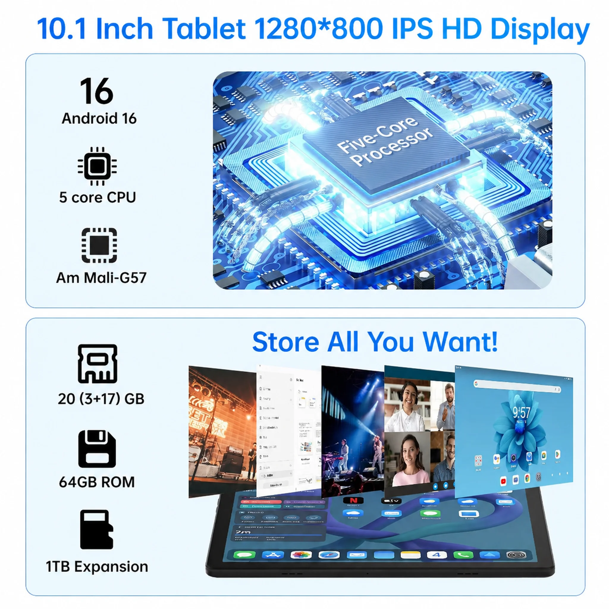 Tablet PC Android 16 de 10.1 pulgadas, incluye l&aacute;piz &oacute;ptico, teclado, rat&oacute;n y auriculares, 20GB (3+17 expansi&oacute;n) de RAM, 64GB de ROM, procesador de cinco n&uacute;cleos A333, WiFi6, Widevine L1, 6000mAh, des