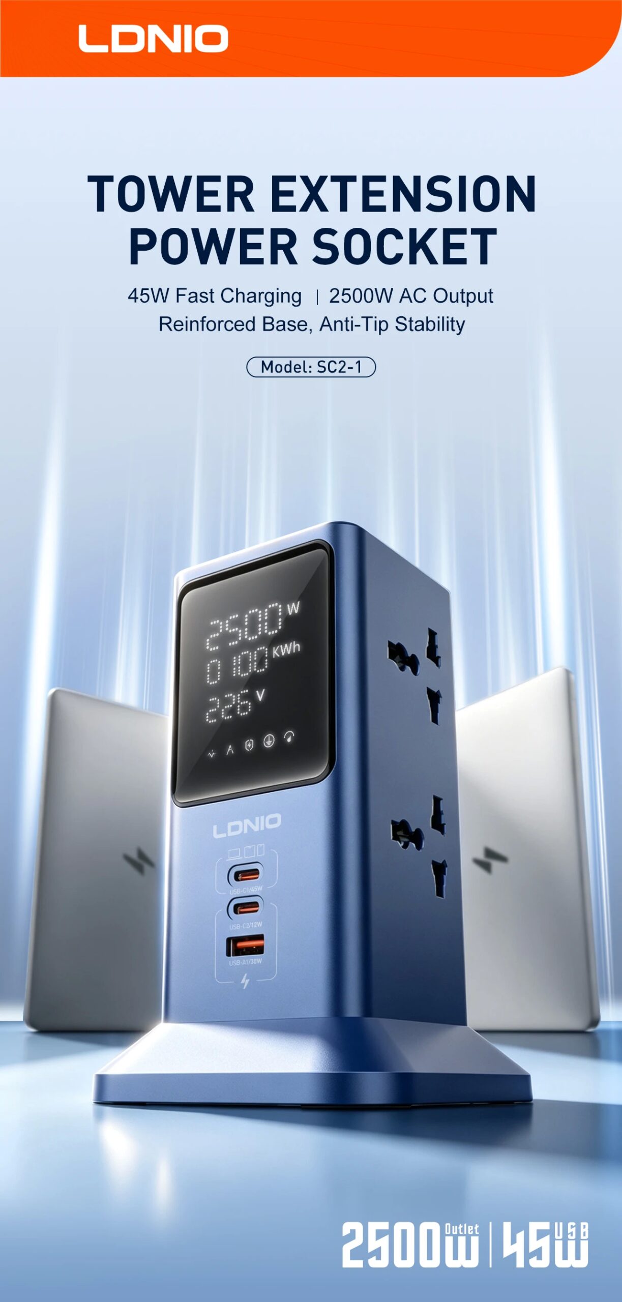 Regleta de enchufes inteligente universal LDNIO con pantalla digital y funci&oacute;n de carga r&aacute;pida USB de 45 W, 4 tomas de corriente y cable de alimentaci&oacute;n de 2 m.