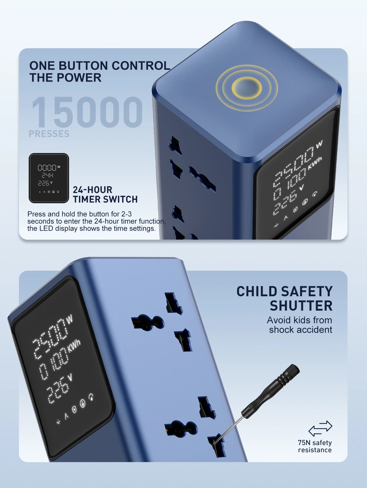 Regleta de enchufes inteligente universal LDNIO con pantalla digital y funci&oacute;n de carga r&aacute;pida USB de 45 W, 4 tomas de corriente y cable de alimentaci&oacute;n de 2 m.