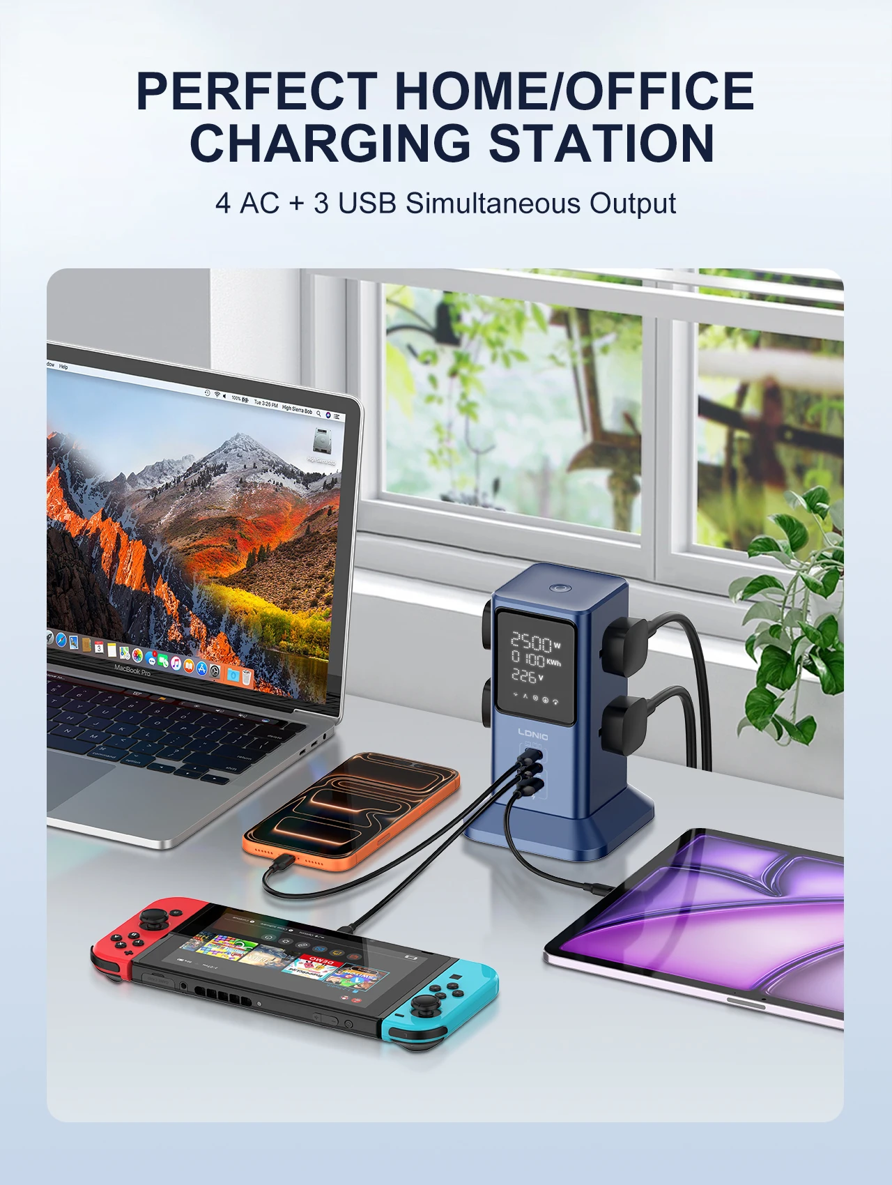 Regleta de enchufes inteligente universal LDNIO con pantalla digital y funci&oacute;n de carga r&aacute;pida USB de 45 W, 4 tomas de corriente y cable de alimentaci&oacute;n de 2 m.