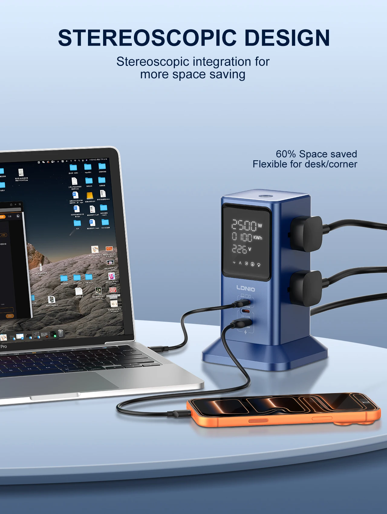 Regleta de enchufes inteligente universal LDNIO con pantalla digital y funci&oacute;n de carga r&aacute;pida USB de 45 W, 4 tomas de corriente y cable de alimentaci&oacute;n de 2 m.