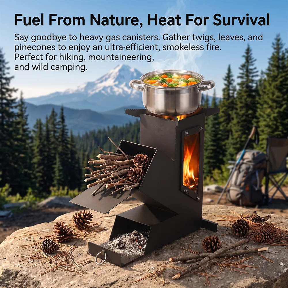 Estufa de le&ntilde;a port&aacute;til Pandatour de acero inoxidable para cocinar al aire libre, estufa de camping para calentar y cocinar.