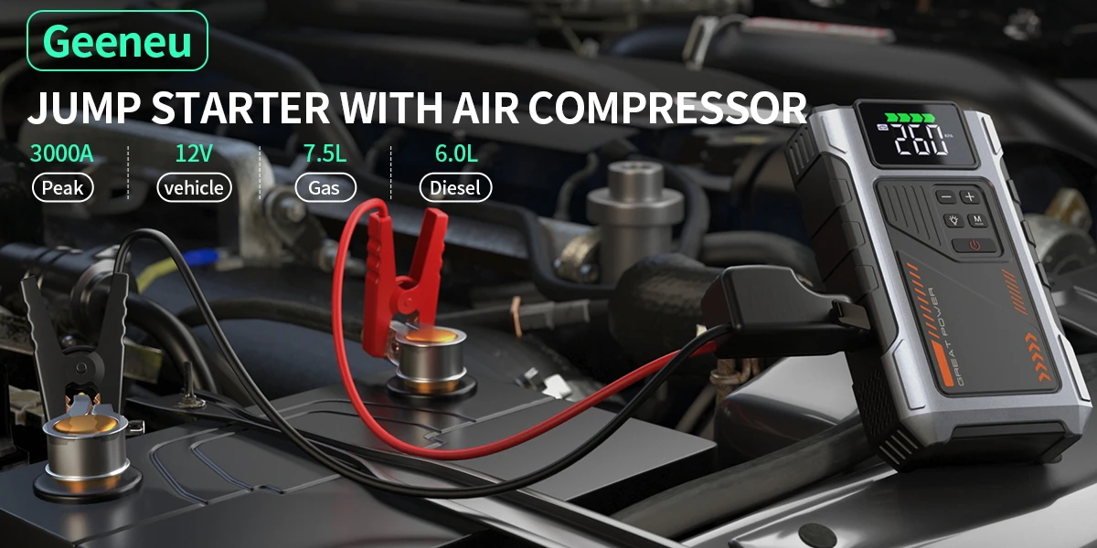 Arrancador de Coche Port&aacute;til con Compresor de Aire, 4000A Pico (Gasolina 7.5L, Di&eacute;sel 6.5L), Paquete de Bater&iacute;a de Arranque con Inflador de Neum&aacute;ticos de 150 PSI