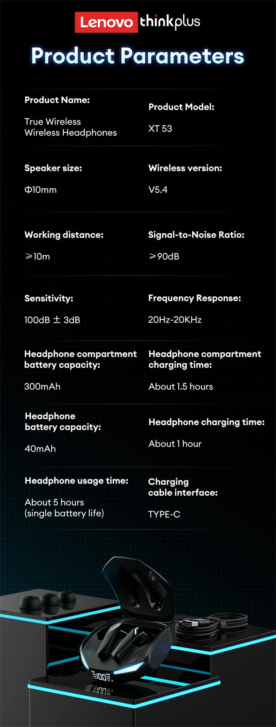 Auriculares para Juegos Lenovo XT53 con Pantalla LED Digital, Auriculares Deportivos Inal&aacute;mbricos, Llamadas HD, Baja Latencia, Resistentes al Agua, GM2 Pro Actualizados