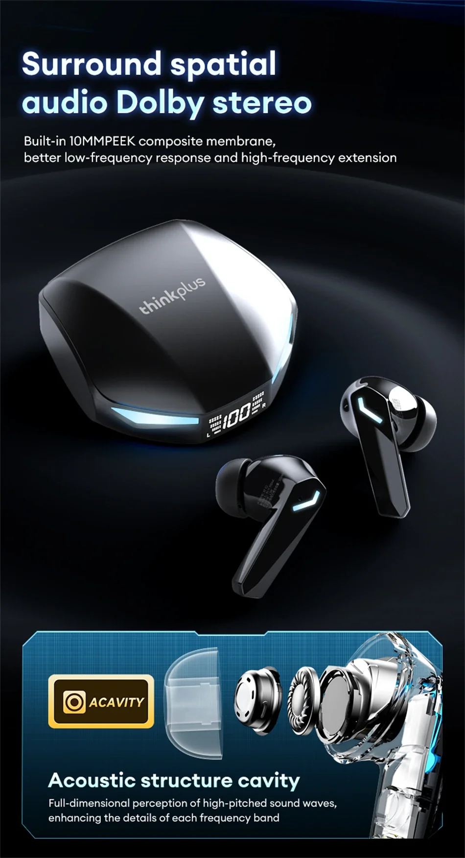 Auriculares para Juegos Lenovo XT53 con Pantalla LED Digital, Auriculares Deportivos Inal&aacute;mbricos, Llamadas HD, Baja Latencia, Resistentes al Agua, GM2 Pro Actualizados