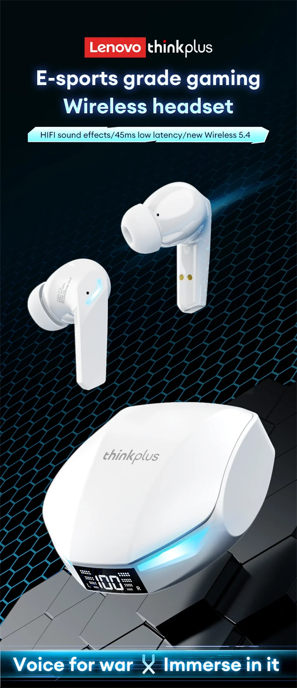 Auriculares para Juegos Lenovo XT53 con Pantalla LED Digital, Auriculares Deportivos Inal&aacute;mbricos, Llamadas HD, Baja Latencia, Resistentes al Agua, GM2 Pro Actualizados